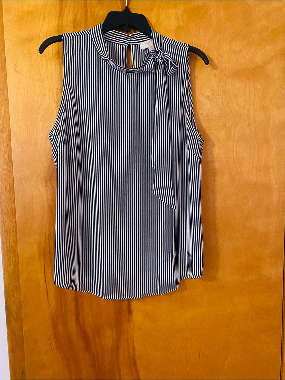 LOFT Black and White Striped Sleeveless Bow-Neck Shell